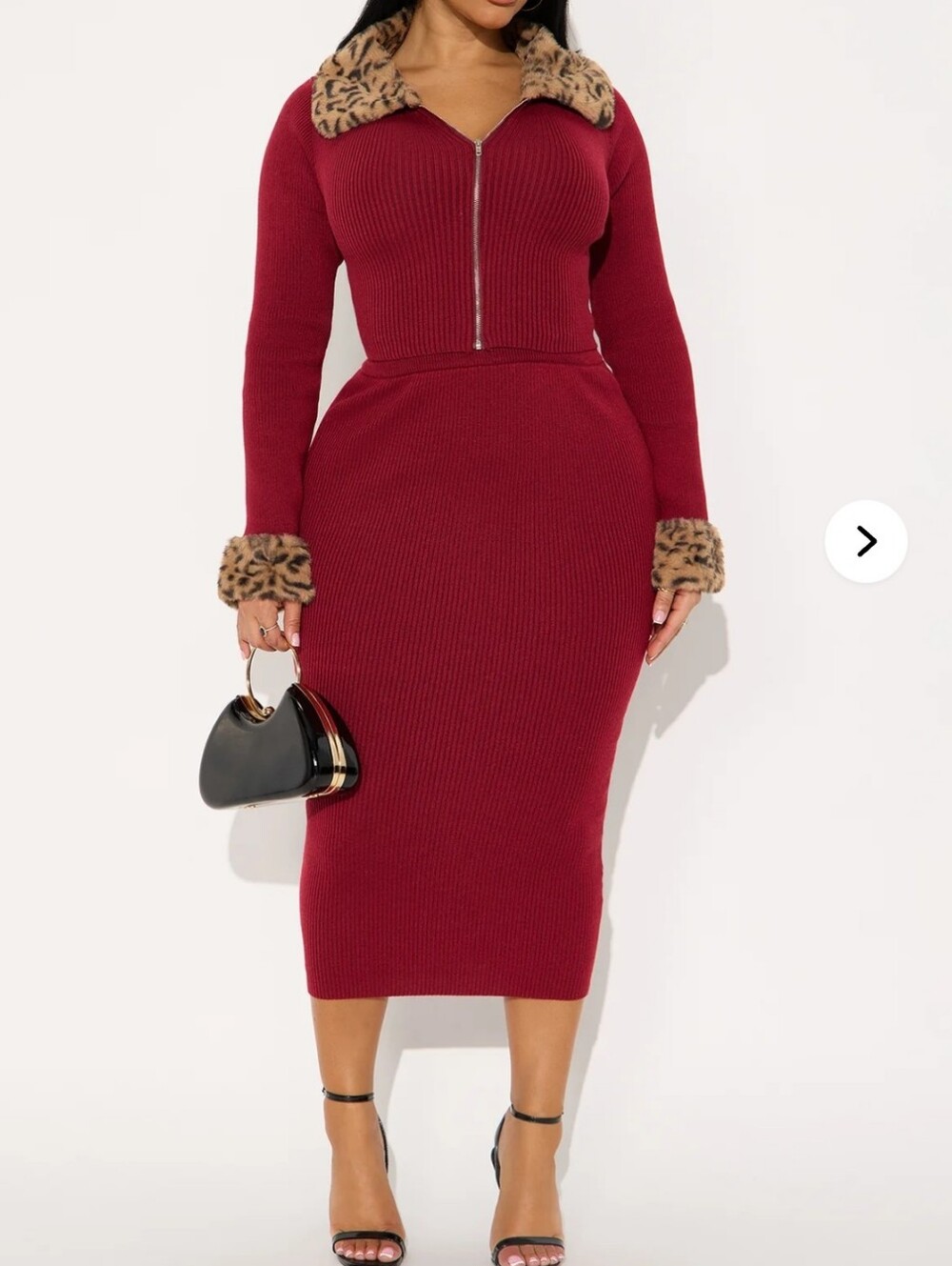 Fashion Nova Burgundy Ribbed Knit Skirt Set with Leopard Trim